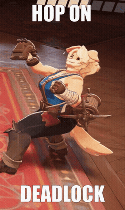 A Video Game Character Is Dancing With The Words Hop On Deadlock Above Him GIF