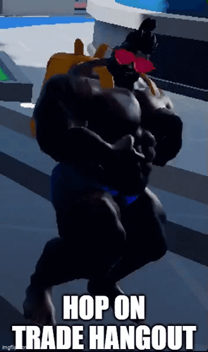 A Video Game Character Is Dancing With The Words Hop On Trade Hangout Below Him GIF