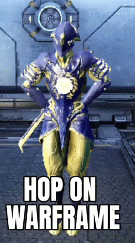 A Video Game Character Is Dancing With The Words Hop On Warframe Above Him GIF