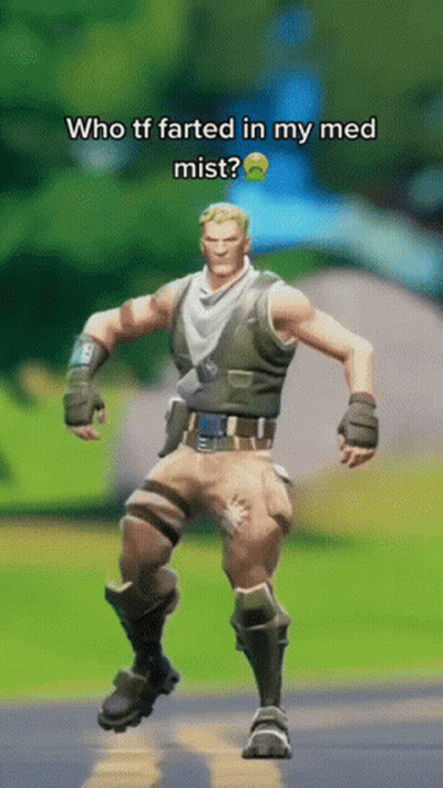 A Video Game Character Is Dancing With The Words Who Tf Farted In My Med Mist GIF