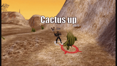 A Video Game Character Is Fighting A Cactus Up With 8813 Points GIF