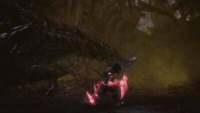 A Video Game Character Is Fighting A Monster With Glowing Red Lights GIF