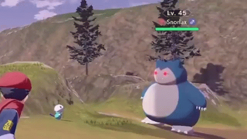 A Video Game Character Is Fighting A Snorlax In A Field With Trees In The Background . GIF