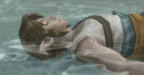 A Video Game Character Is Floating In The Water With His Eyes Closed GIF