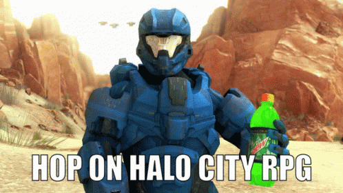 A Video Game Character Is Holding A Bottle Of Mtn Dew And Says Hop On Halo City Rpg GIF