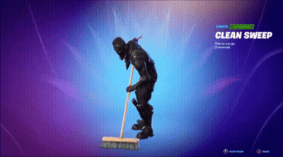 A Video Game Character Is Holding A Broom And The Name Clean Sweep Is On The Screen GIF