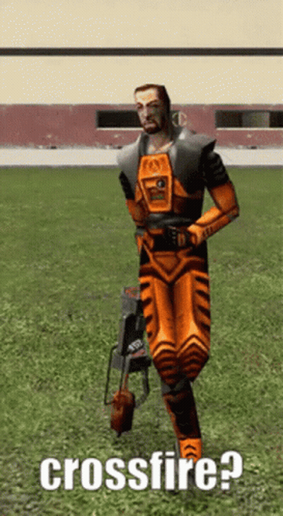 A Video Game Character Is Holding A Gun And Has The Word Crossfire Written Below Him GIF
