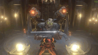 A Video Game Character Is Holding A Gun In A Dark Room GIF