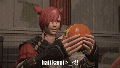 A Video Game Character Is Holding A Hamburger And Says Haii Kami > < !! GIF