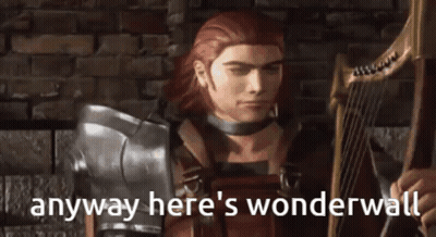 A Video Game Character Is Holding A Harp And Saying Anyway Here 'S Wonderwall . GIF
