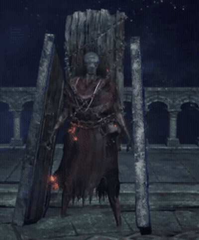 A Video Game Character Is Holding A Large Sword In A Dark Room . GIF
