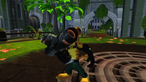 A Video Game Character Is Holding A Plant In Front Of A Large Building GIF