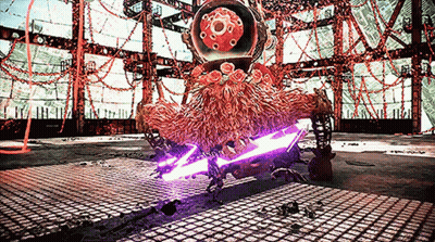 A Video Game Character Is Holding A Purple Sword In A Room GIF
