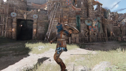A Video Game Character Is Holding A Shield And A Sword GIF