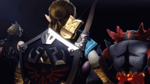 A Video Game Character Is Holding A Shield With A Triangle On It GIF