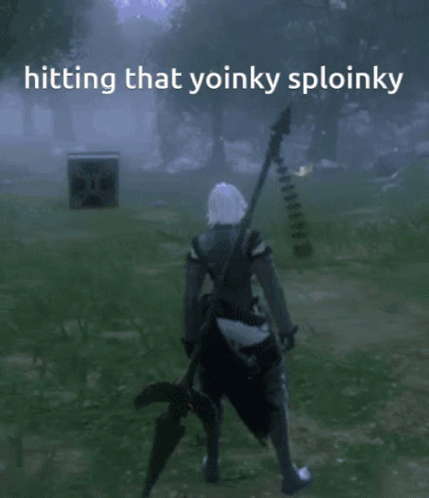 A Video Game Character Is Holding A Spear And Says Hitting That Yoinky Sploinky GIF