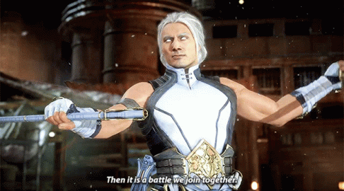 A Video Game Character Is Holding A Stick And Saying Then It Is A Battle We Join Together GIF