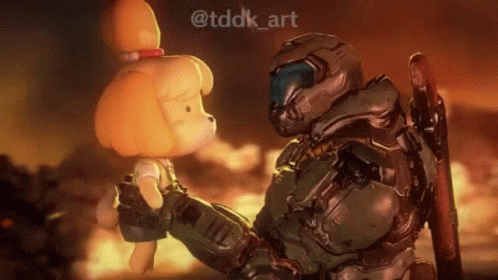 A Video Game Character Is Holding A Stuffed Animal While Standing Next To A Doom Slayer . GIF