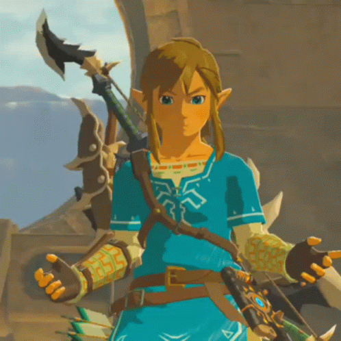 A Video Game Character Is Holding A Sword And A Bow GIF