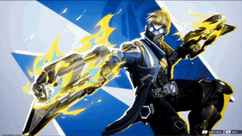 A Video Game Character Is Holding A Sword And A Flame Coming Out Of His Arm GIF