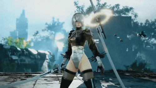 A Video Game Character Is Holding A Sword And A Shield GIF