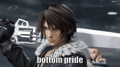 A Video Game Character Is Holding A Sword And The Words " Bottom Pride " Are Above Him GIF