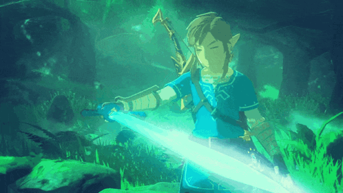A Video Game Character Is Holding A Sword In A Dark Forest GIF