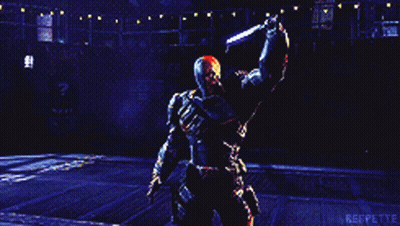 A Video Game Character Is Holding A Sword In A Dark Room And The Word Reppette Is On The Bottom GIF