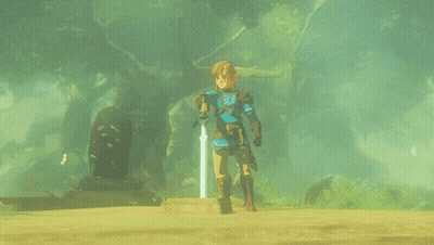 A Video Game Character Is Holding A Sword In A Foggy Forest GIF