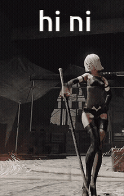 A Video Game Character Is Holding A Sword In Front Of A Sign That Says " Hini " GIF
