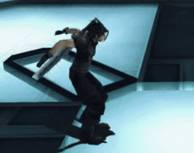 A Video Game Character Is Holding A Sword In His Hand While Standing On A Glass Floor . GIF