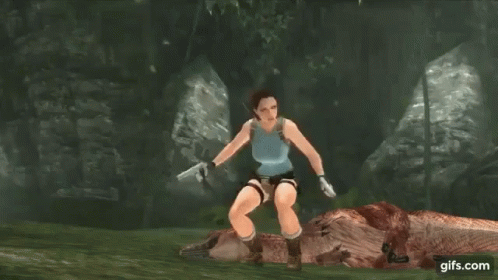 A Video Game Character Is Holding Two Guns In Front Of A Dinosaur GIF