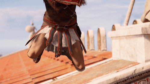 A Video Game Character Is Jumping In The Air While Wearing A Spartan Outfit GIF