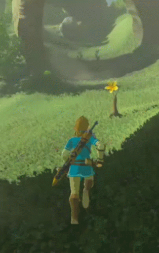 A Video Game Character Is Running In The Grass With A Flower In The Background GIF