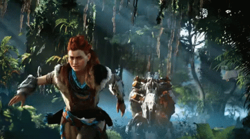 A Video Game Character Is Running Through A Forest With A Robot Behind Her . GIF