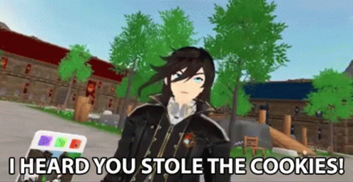 A Video Game Character Is Saying `` I Heard You Stole The Cookies '' While Standing In Front Of A Building . GIF