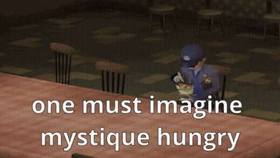 A Video Game Character Is Sitting At A Table With The Words One Must Imagine Mystique Hungry Below Him GIF
