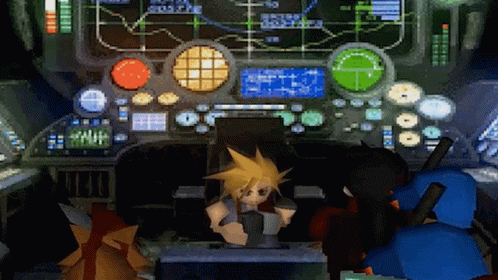 A Video Game Character Is Sitting In The Cockpit Of A Plane With A Bunch Of Buttons GIF