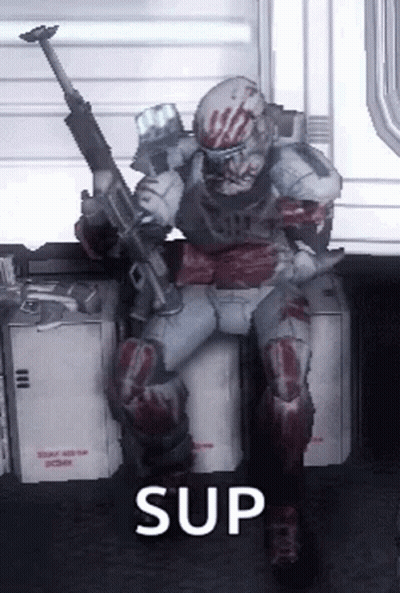 A Video Game Character Is Sitting On A Box Holding A Gun And The Word Sup Is Above Him . GIF