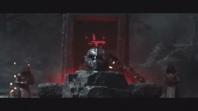 A Video Game Character Is Sitting On A Throne With A Helmet That Says ' Doom ' On It GIF