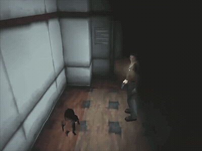 A Video Game Character Is Standing In A Dark Hallway GIF