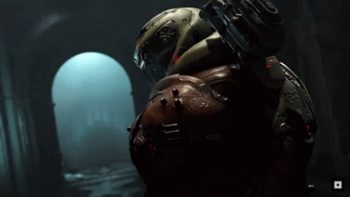 A Video Game Character Is Standing In A Dark Hallway With An Arrow Pointing To The Right GIF