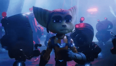 A Video Game Character Is Standing In A Dark Room With Robots . GIF