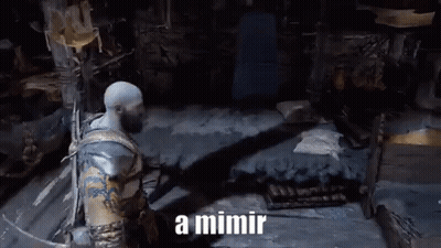 A Video Game Character Is Standing In A Dark Room With The Words `` A Mimir '' Written In The Corner . GIF
