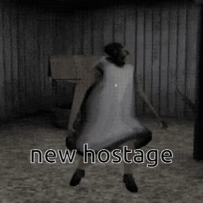 A Video Game Character Is Standing In A Dark Room With The Words New Hostage Below Him GIF