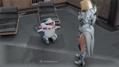 A Video Game Character Is Standing In A Room With A Play Button On The Bottom GIF