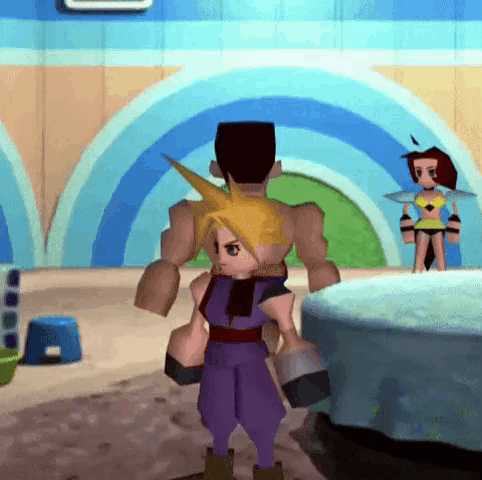 A Video Game Character Is Standing In A Room With A Woman Behind Him GIF