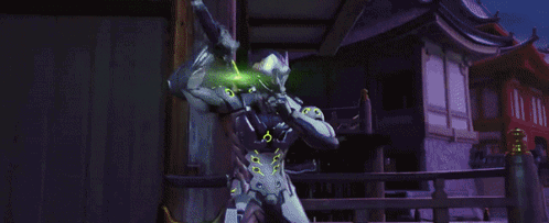 A Video Game Character Is Standing In Front Of A Building With A Green Light Behind Him GIF