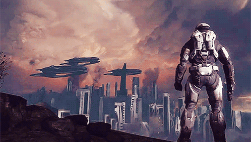 A Video Game Character Is Standing In Front Of A City With Ships Flying In The Sky GIF