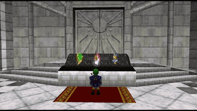 A Video Game Character Is Standing In Front Of A Display Of Various Items GIF
